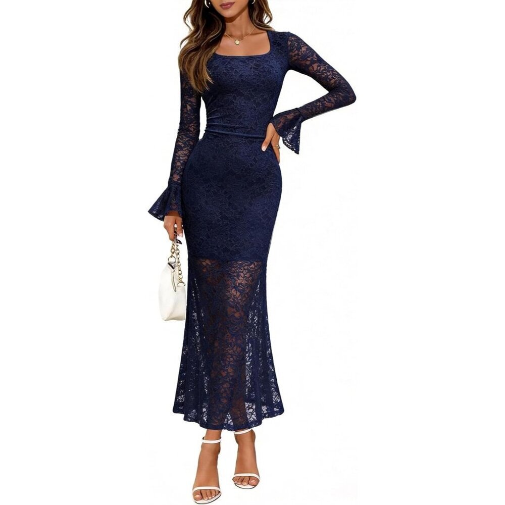 Women's Navy Blue Long Sleeve Lace Square Neck Fall Bodycon Cocktail Maxi Dress